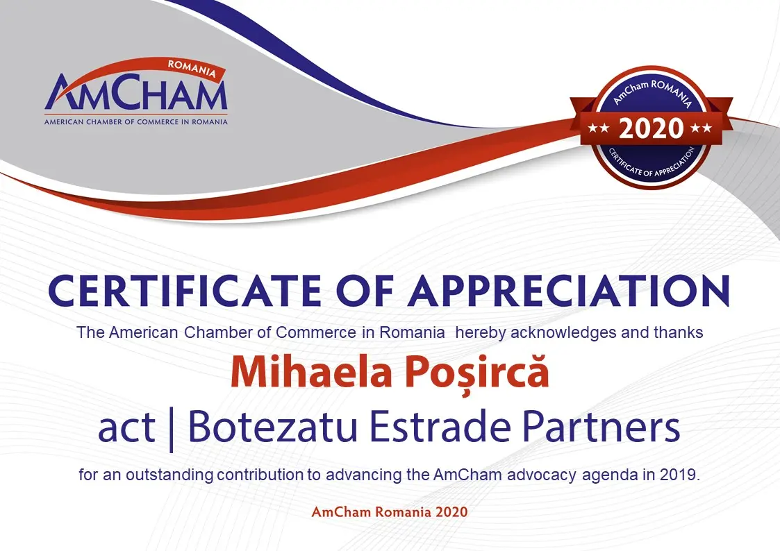 AMCHAM ROMANIA 2019 – Mihaela Poșircă – CERTIFICATE OF APPRECIATION
