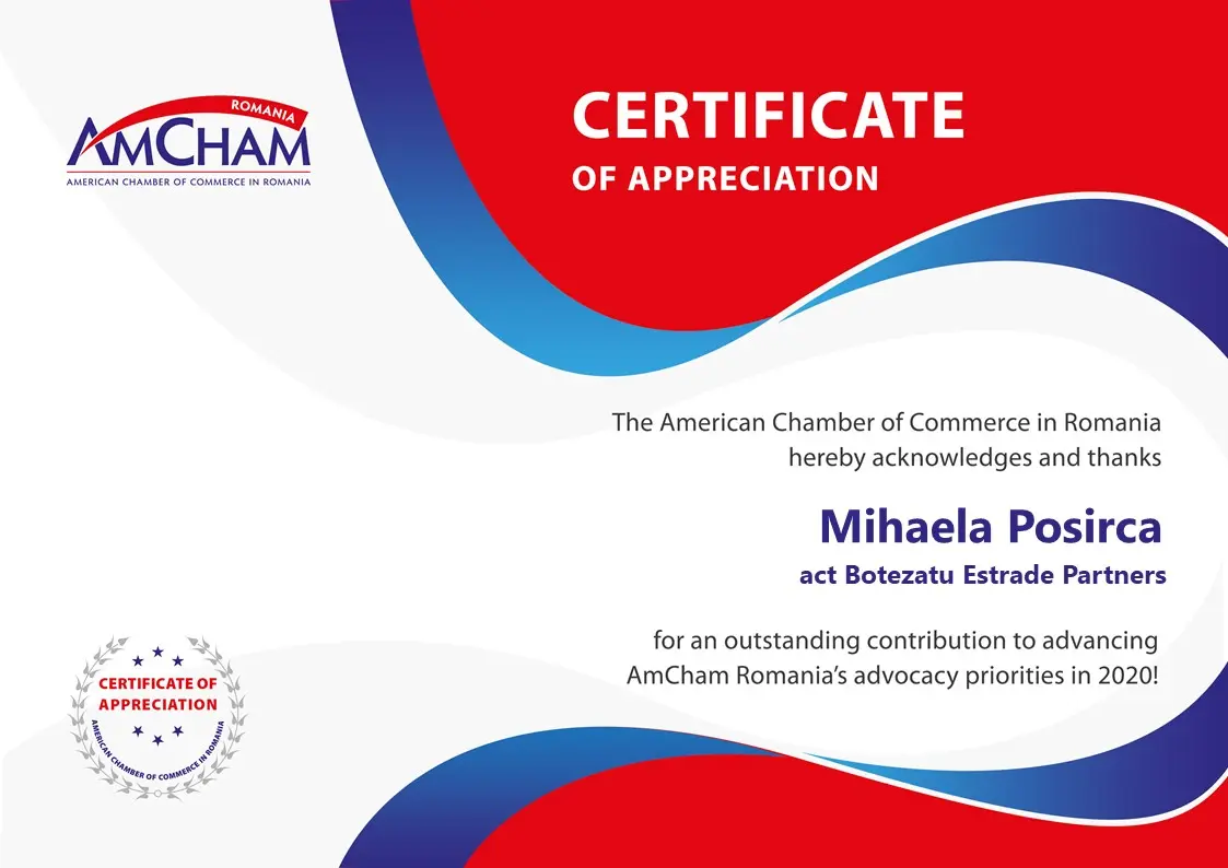 AMCHAM ROMANIA 2020 – Mihaela Poșircă – CERTIFICATE OF APPRECIATION