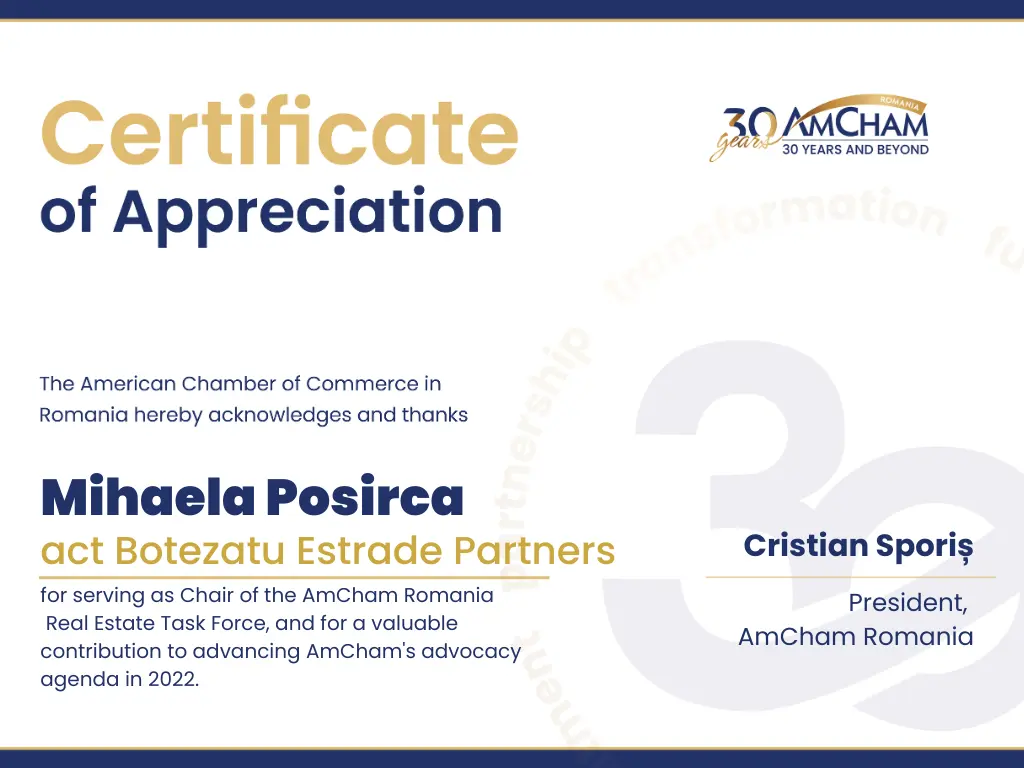 AMCHAM ROMANIA 2022 – Mihaela Poșircă – CERTIFICATE OF APPRECIATION