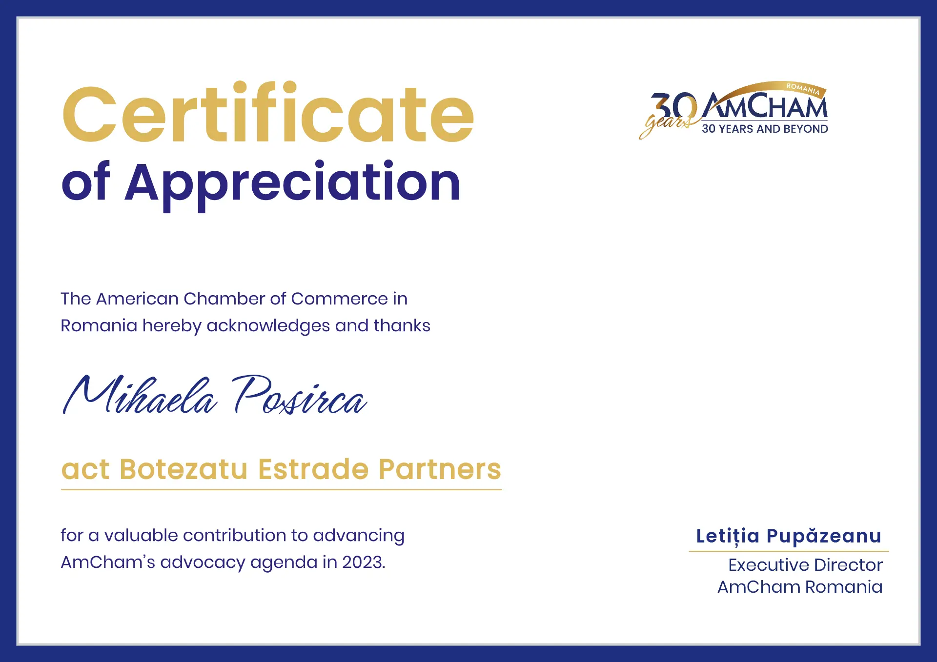AMCHAM ROMANIA 2023 – Mihaela Poșircă – CERTIFICATE OF APPRECIATION